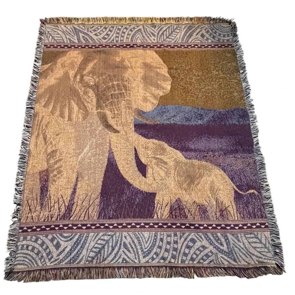 Vintage Laura Reagan Woven Tapestry African Elephant Mother Baby Safari Throw